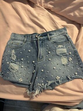 Pearl-Studded Distressed Light Blue Denim Shorts